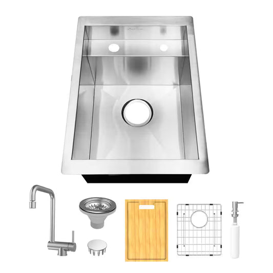 Zero Radius 15 In. Undermount 18G Stainless Steel Single Bowl Workstation Bar Sink with Folding Faucet
