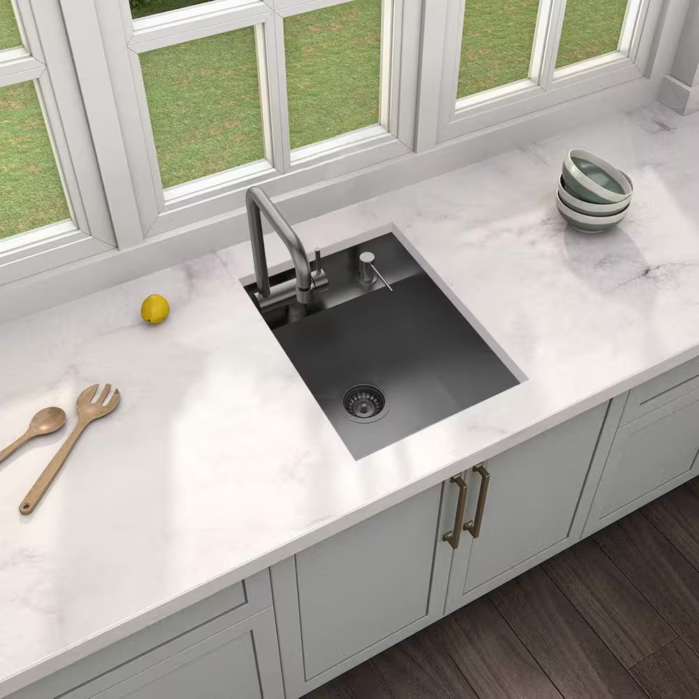 Zero Radius 15 In. Undermount 18G Gunmetal Black Stainless Steel Single Bowl Workstation Bar Sink with Folding Faucet
