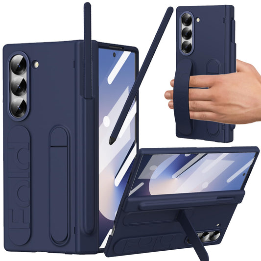 YQODSZ for Samsung Galaxy Z Fold 6 Case with S Pen Holder & Slim Stylus Z Fold 6 Kickstand Case with Hand Strap Hinge Protection Screen Protector Raised Edge Protection Cover Case for Z Fold 6 Blue