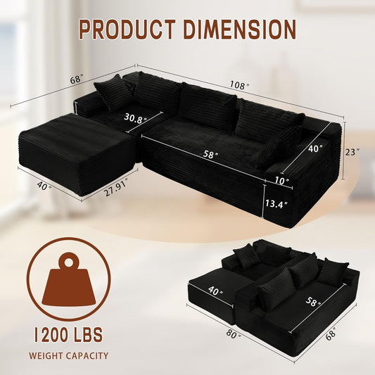108 Inch L Shape Modular Sectional Sofa Corduroy Fabric for Living Room Comfort