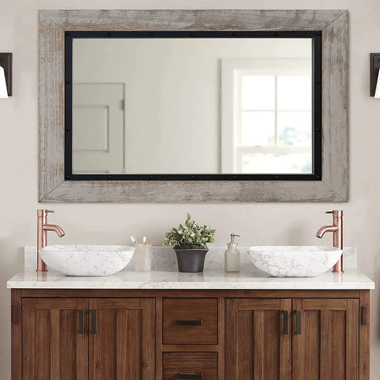 YOSHOOT Rustic Wooden Framed Wall Mirror Natural Wood and Iron Bathroom Vanity